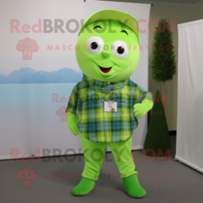 Lime Green Pho mascot costume character dressed with a Flannel Shirt and Earrings