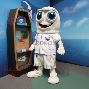 White Cod mascot costume character dressed with a Board Shorts and Pocket squares