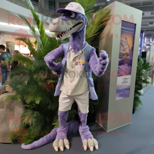 Lavender Deinonychus mascot costume character dressed with a Board Shorts and Shoe laces
