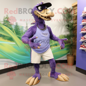 Lavender Deinonychus mascot costume character dressed with a Board Shorts and Shoe laces