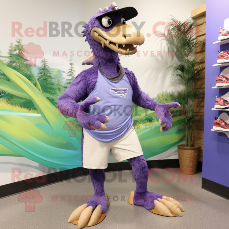 Lavender Deinonychus mascot costume character dressed with a Board Shorts and Shoe laces