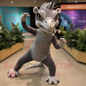 Gray Parasaurolophus mascot costume character dressed with a Yoga Pants and Headbands