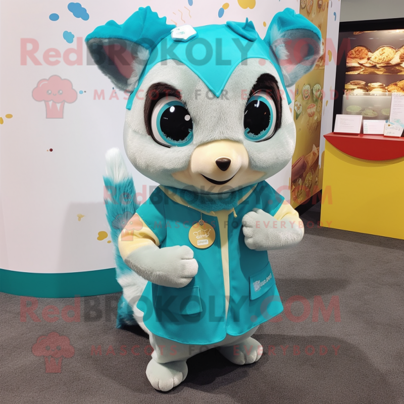 Turquoise Flying Squirrel mascot costume character dressed with a Blouse and Coin purses