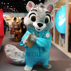 Turquoise Flying Squirrel mascot costume character dressed with a Blouse and Coin purses