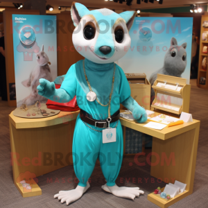 Turquoise Flying Squirrel mascot costume character dressed with a Blouse and Coin purses