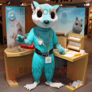 Turquoise Flying Squirrel mascot costume character dressed with a Blouse and Coin purses