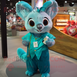 Turquoise Flying Squirrel mascot costume character dressed with a Blouse and Coin purses