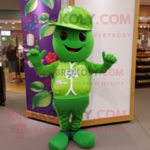 Forest Green Grape mascot costume character dressed with a Rash Guard and Caps