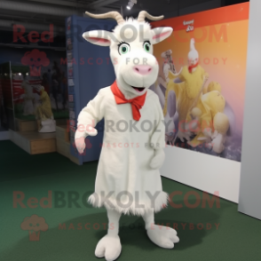 White Goat mascot costume character dressed with a Dress and Shoe laces