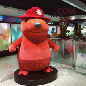 Red Stellar'S Sea Cow mascot costume character dressed with a Bikini and Hats