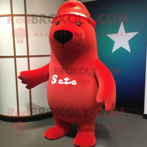 Red Stellar'S Sea Cow mascot costume character dressed with a Bikini and Hats