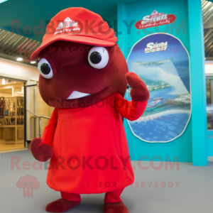 Red Stellar'S Sea Cow mascot costume character dressed with a Bikini and Hats