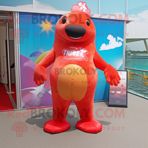 Red Stellar'S Sea Cow mascot costume character dressed with a Bikini and Hats