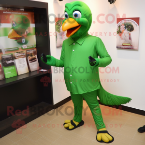 Forest Green Tandoori Chicken mascot costume character dressed with a Jeggings and Cufflinks
