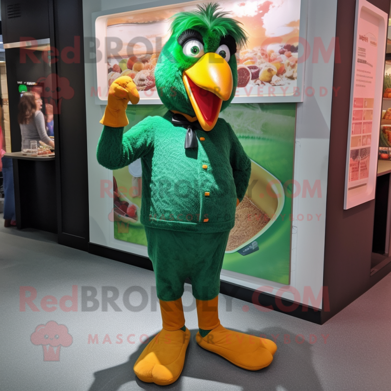Forest Green Tandoori Chicken mascot costume character dressed with a Jeggings and Cufflinks Forest Green Tandoori Chicken mascot costume character dressed with a Jeggings and Cufflinks