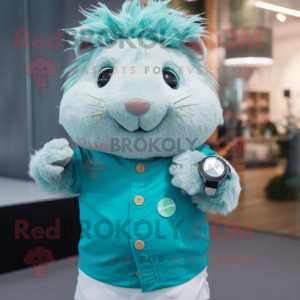 Turquoise Guinea Pig mascot costume character dressed with a Button-Up Shirt and Smartwatches