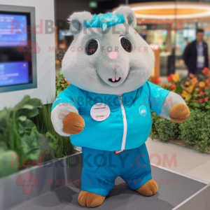 Turquoise Guinea Pig mascot costume character dressed with a Button-Up Shirt and Smartwatches