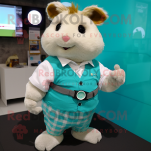 Turquoise Guinea Pig mascot costume character dressed with a Button-Up Shirt and Smartwatches