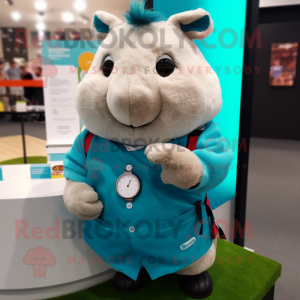 Turquoise Guinea Pig mascot costume character dressed with a Button-Up Shirt and Smartwatches