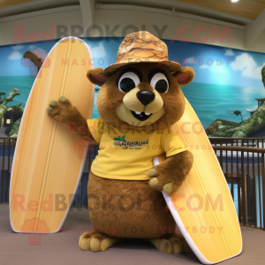 Gold Beaver mascot costume character dressed with a Board Shorts and Hats