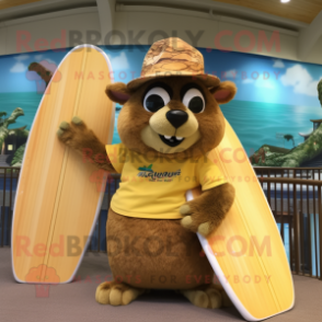Gold Beaver mascot costume character dressed with a Board Shorts and Hats