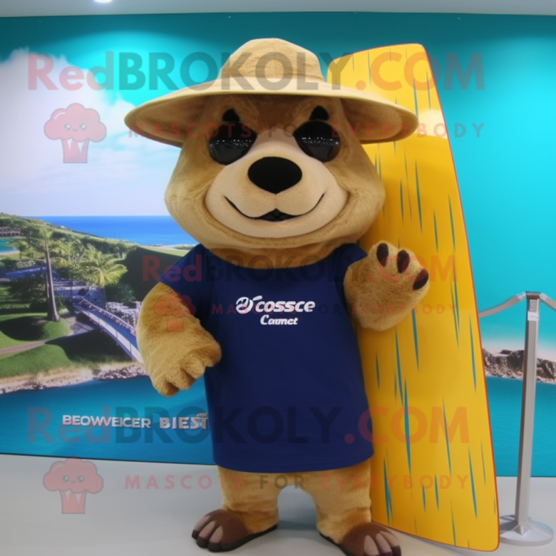 Gold Beaver mascot costume character dressed with a Board Shorts and Hats