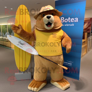 Gold Beaver mascot costume character dressed with a Board Shorts and Hats
