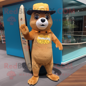 Gold Beaver mascot costume character dressed with a Board Shorts and Hats