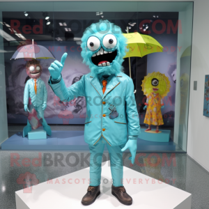 Turquoise Zombie mascot costume character dressed with a Raincoat and Pocket squares