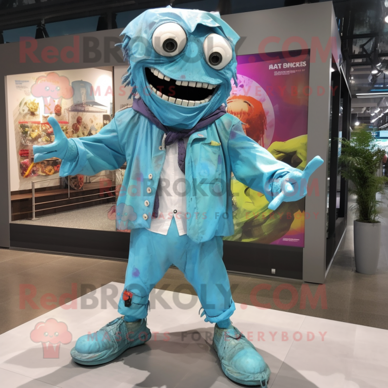 Turquoise Zombie mascot costume character dressed with a Raincoat and Pocket squares