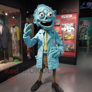 Turquoise Zombie mascot costume character dressed with a Raincoat and Pocket squares