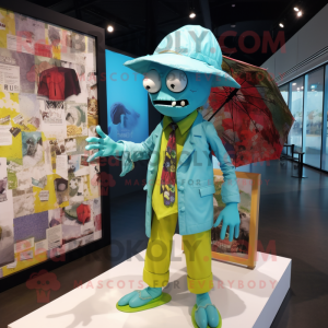 Turquoise Zombie mascot costume character dressed with a Raincoat and Pocket squares