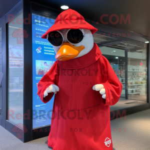 Red Muscovy Duck mascot costume character dressed with a Cover-up and Sunglasses