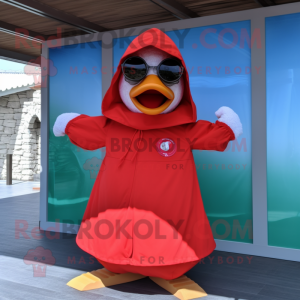Red Muscovy Duck mascot costume character dressed with a Cover-up and Sunglasses