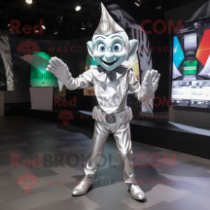 Silver Elf mascot costume character dressed with a Suit and Gloves