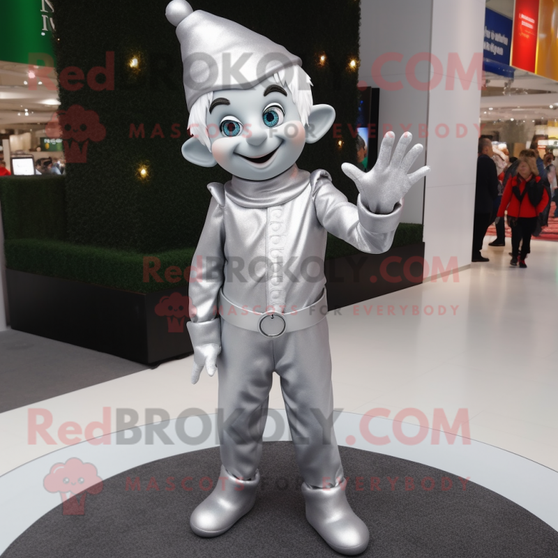 Silver Elf mascot costume character dressed with a Suit and Gloves