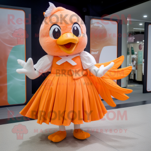 Orange Dove mascot costume character dressed with a Pleated Skirt and Wraps