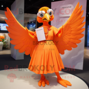 Orange Dove mascot costume character dressed with a Pleated Skirt and Wraps