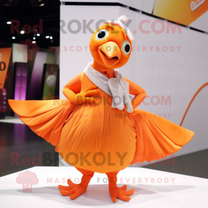 Orange Dove mascot costume character dressed with a Pleated Skirt and Wraps