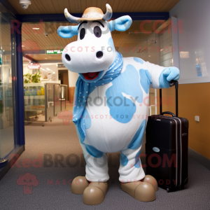 Sky Blue Holstein Cow mascot costume character dressed with a Henley Shirt and Briefcases