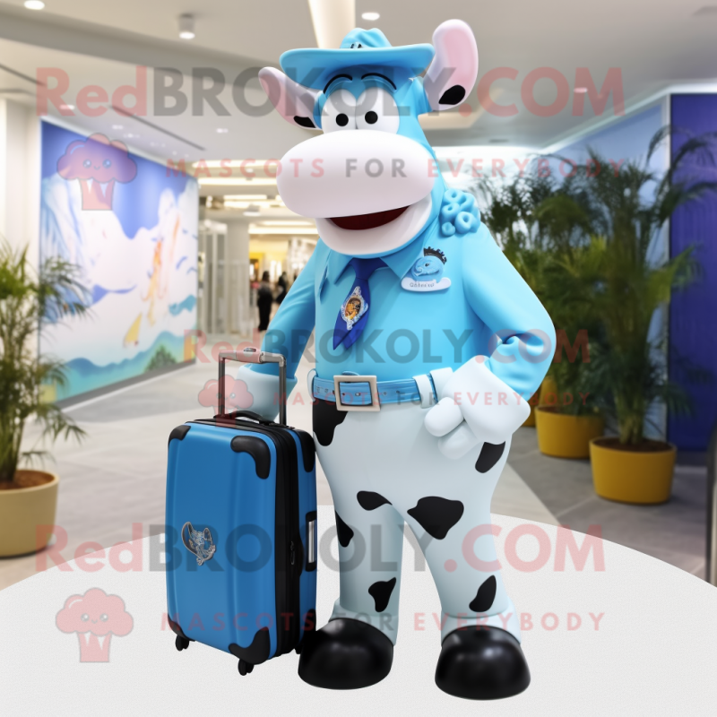 Sky Blue Holstein Cow mascot costume character dressed with a Henley Shirt and Briefcases