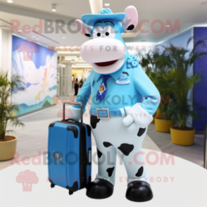 Sky Blue Holstein Cow mascot costume character dressed with a Henley Shirt and Briefcases