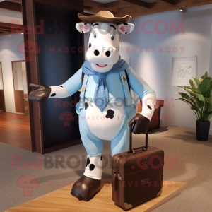 Sky Blue Holstein Cow mascot costume character dressed with a Henley Shirt and Briefcases