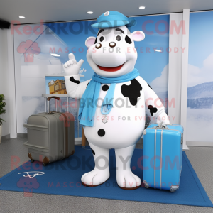 Sky Blue Holstein Cow mascot costume character dressed with a Henley Shirt and Briefcases