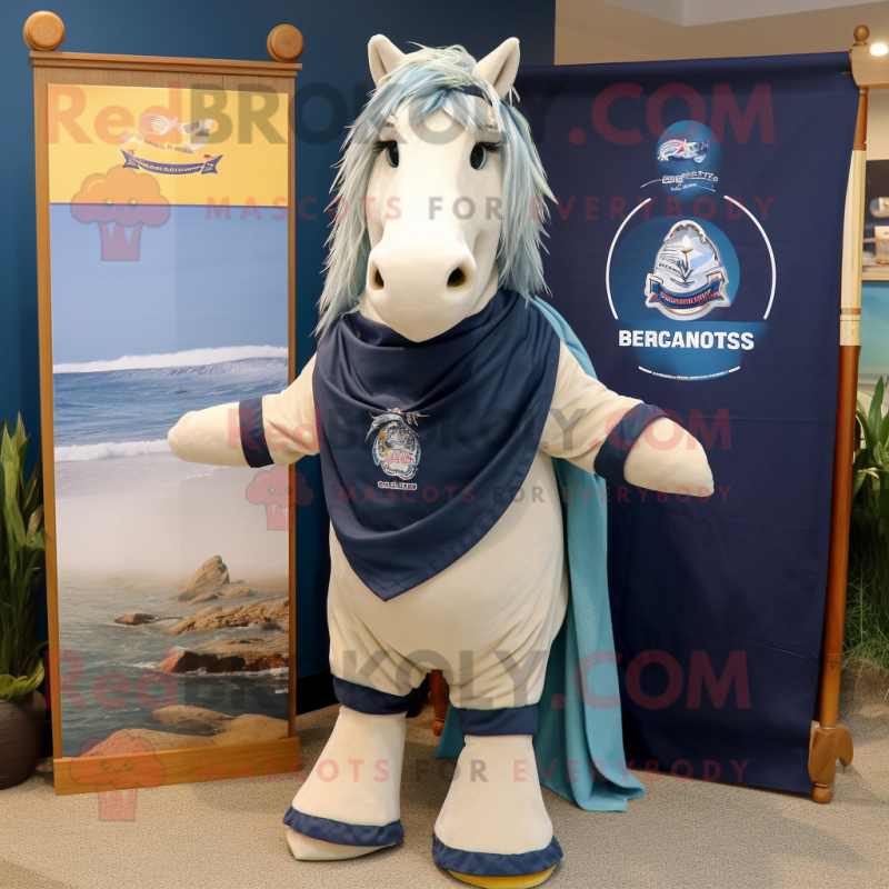 Navy Mare mascot costume character dressed with a Board Shorts and Shawls