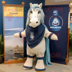 Navy Mare mascot costume character dressed with a Board Shorts and Shawls