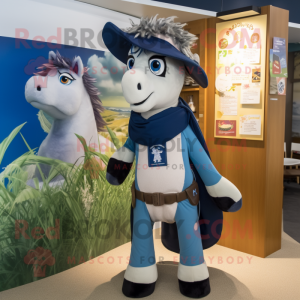 Navy Mare mascot costume character dressed with a Board Shorts and Shawls