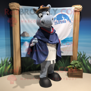 Navy Mare mascot costume character dressed with a Board Shorts and Shawls