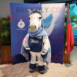 Navy Mare mascot costume character dressed with a Board Shorts and Shawls