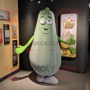 Gray Cucumber mascot costume character dressed with a Shift Dress and Clutch bags